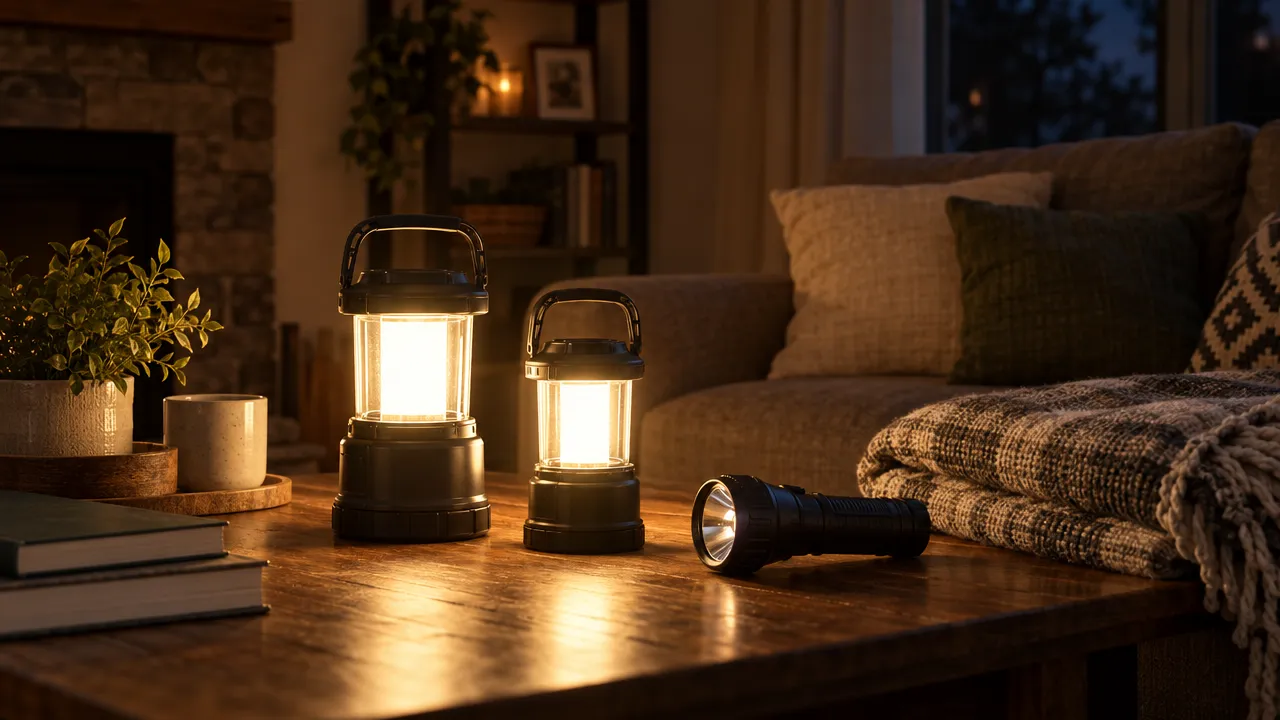 Living room lit by LED lanterns during a power outage