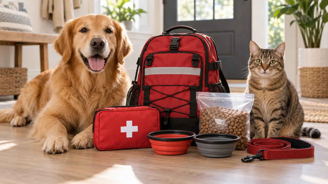 Dog and cat beside a pet emergency kit