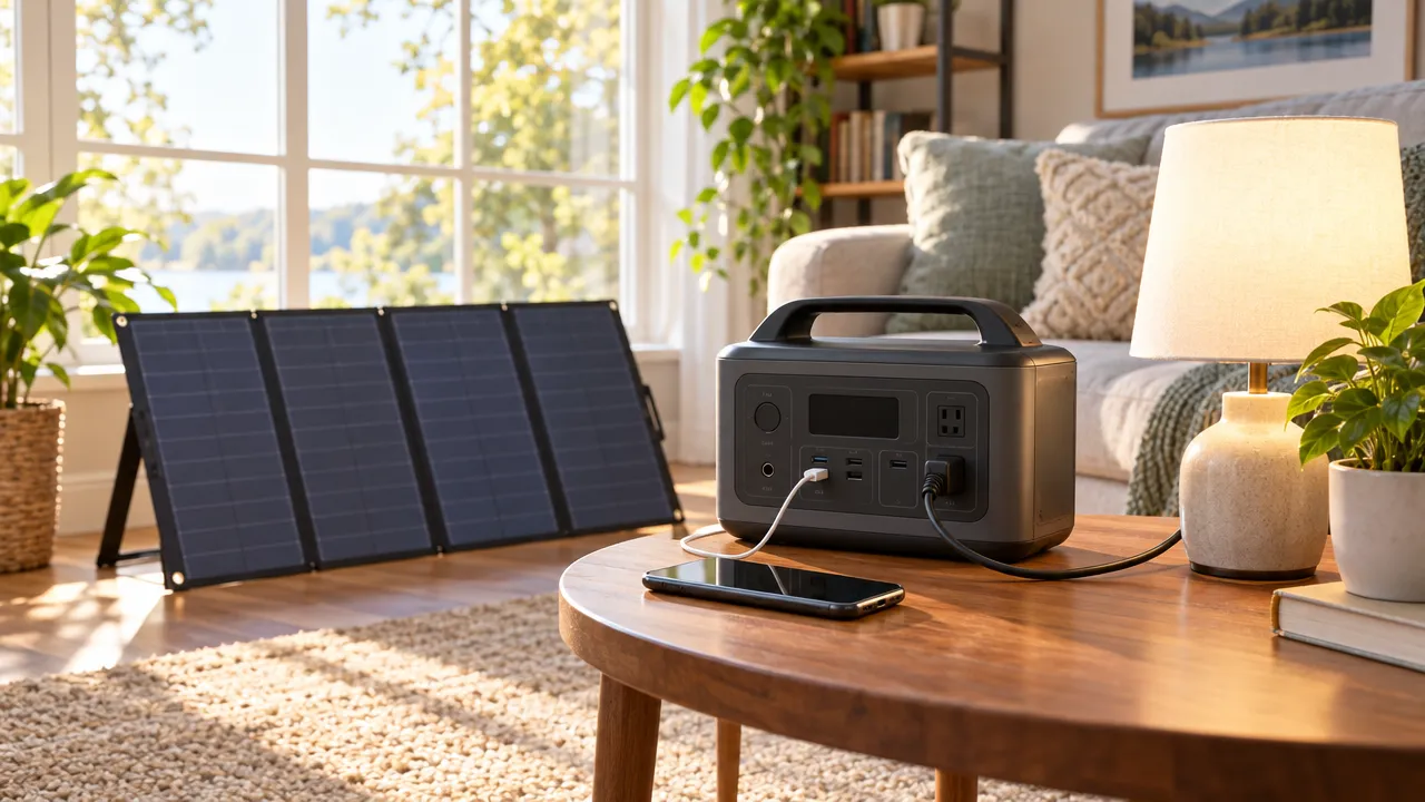 Portable power station charging a phone beside a solar panel