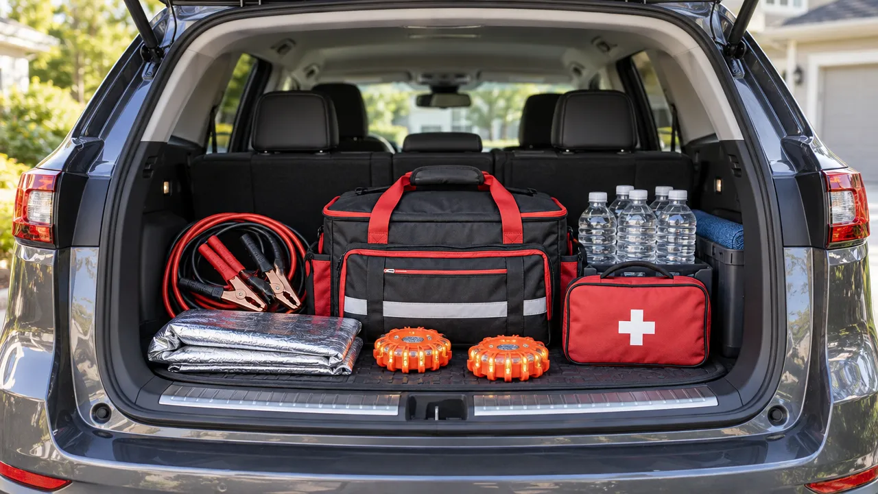 Car trunk packed with a roadside emergency kit